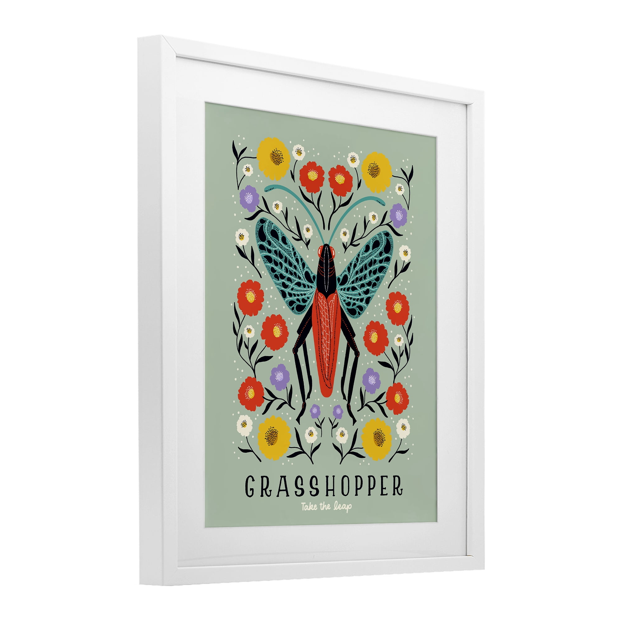Stupell Industries Symmetrical Grasshopper with Blooms White Framed Print Under Glass, design by Indira Prieto | IndySign