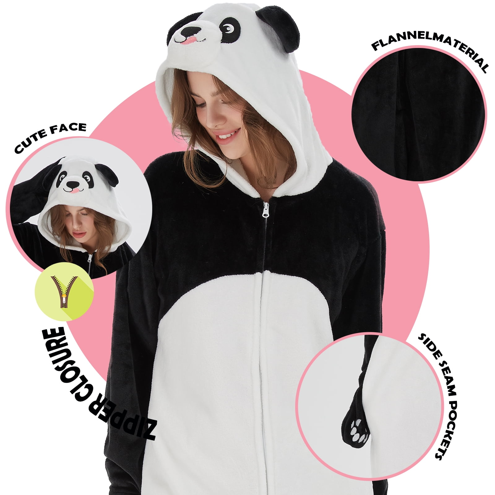 SWEETXIN Adult Panda Unisex Onesie Pajamas Halloween Cosplay Costume Suit for Women and Men Jumpsuit SizeS