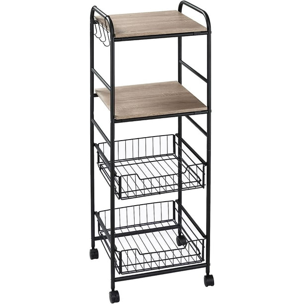 Kitchen Cart With Storage, 16" W Slim Rolling Cart, 4 Tier Kitchen Shelves On Wheels With Side
