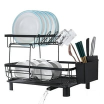 Fenbeli Dish Drying Rack Stainless Steel, 2-Tier Detachable Dish Rack with Drain Board Tray, Black