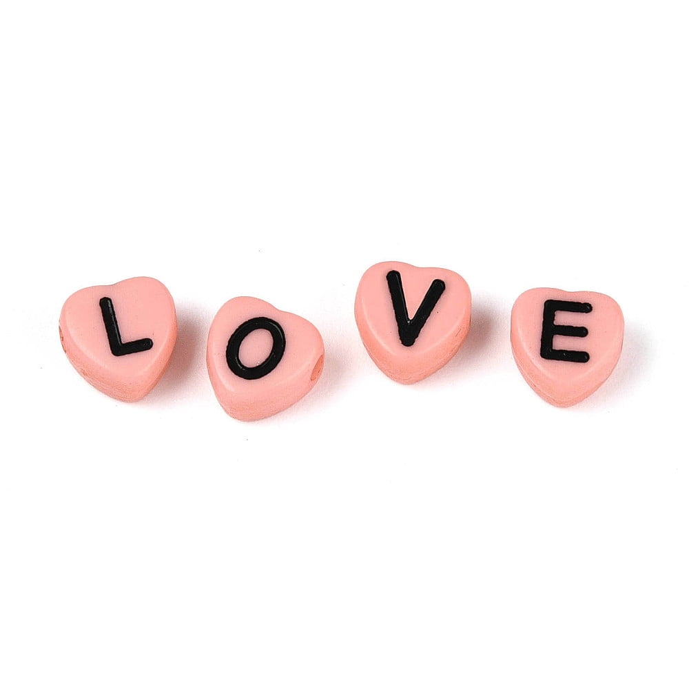 Opaque Acrylic Enamel Beads Horizontal Hole Heart with Mixed Black Letters Pink 7x7x4mm Hole: 1.5mm 3600pcs/500g diy