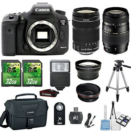 Canon EOS 7D Mark II 20.2MP DSLR Camera + Canon 18-135mm STM Lens + Tamron 70-300mm Lens + 2pc 32GB Memory Cards + Flash + Canon Case + Telephoto and Macro Aux