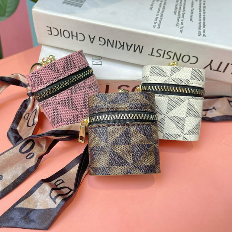 Aimiya Lipstick Bag with Scarf Smooth Zipper Plaid Printing Waterproof  Space-saving Change Purse Keychain Pendant Daily Use 