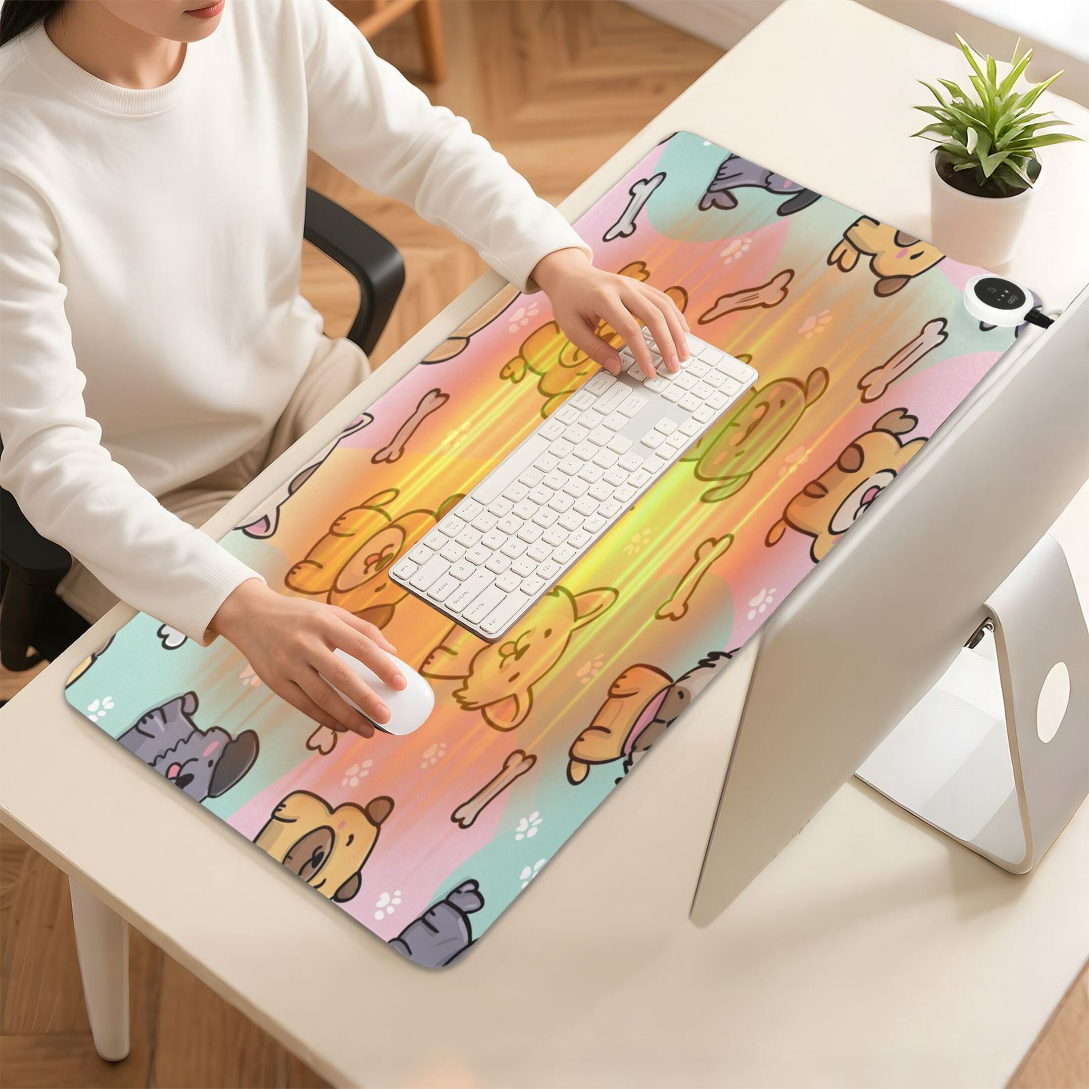 Large Heated Desk Mat Mouse Pad 31.5"x13"PU Leather Graphene Heating Desk Warmer with 3 Temperature Settings 110V US Plug Non-Slip Warm Pad for Home, Office, and Gaming Gentle Pastel Puppy Pattern
