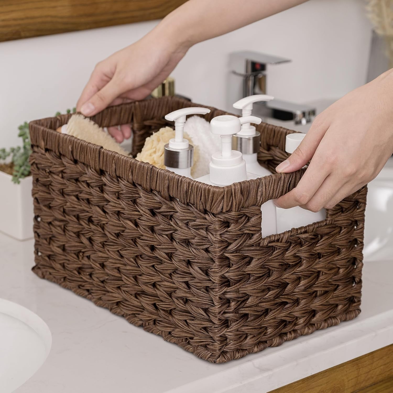 GRANNY SAYS Wicker Storage Baskets for Shelves, Waterproof Woven Baskets for Organizing, Hand Woven Rectangle Basket for Pantry, Brown, 2-Pack