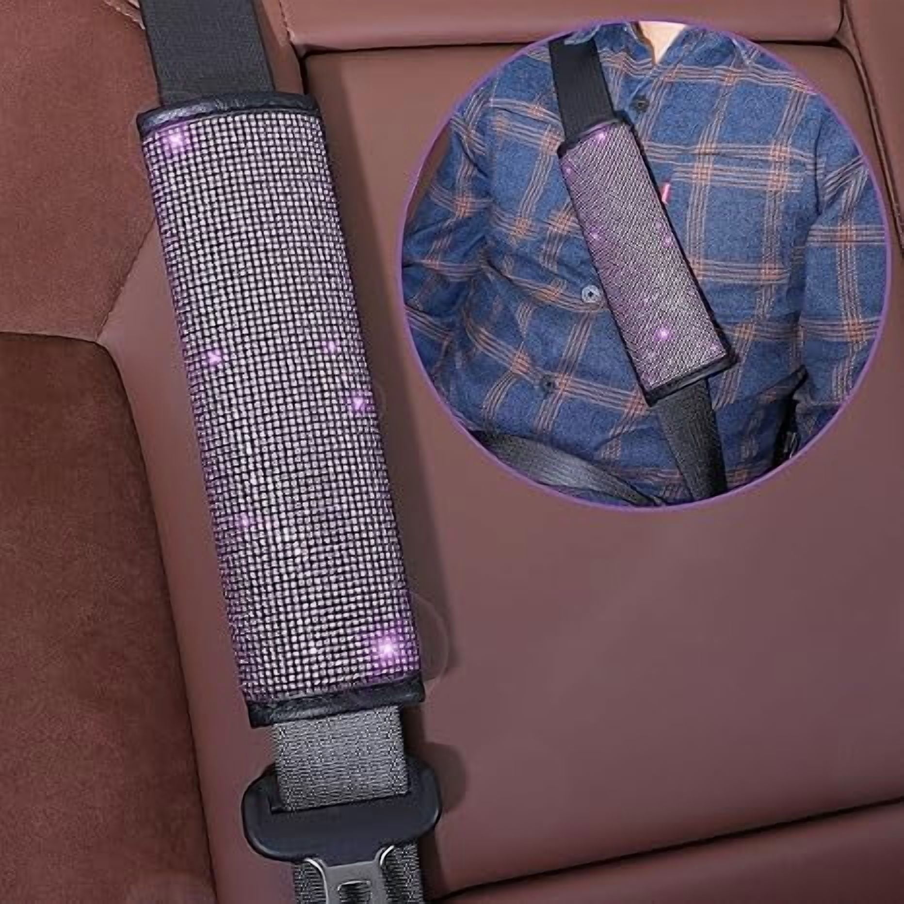 Steering Wheel Cover Set for Women & Girls, 7-Pack Crystal Diamond Rhinestone Car Accessories - Seat Belt Cover, Gear Shift Cover, Car Bling Ring, Cup Holder Coasters in Purple
