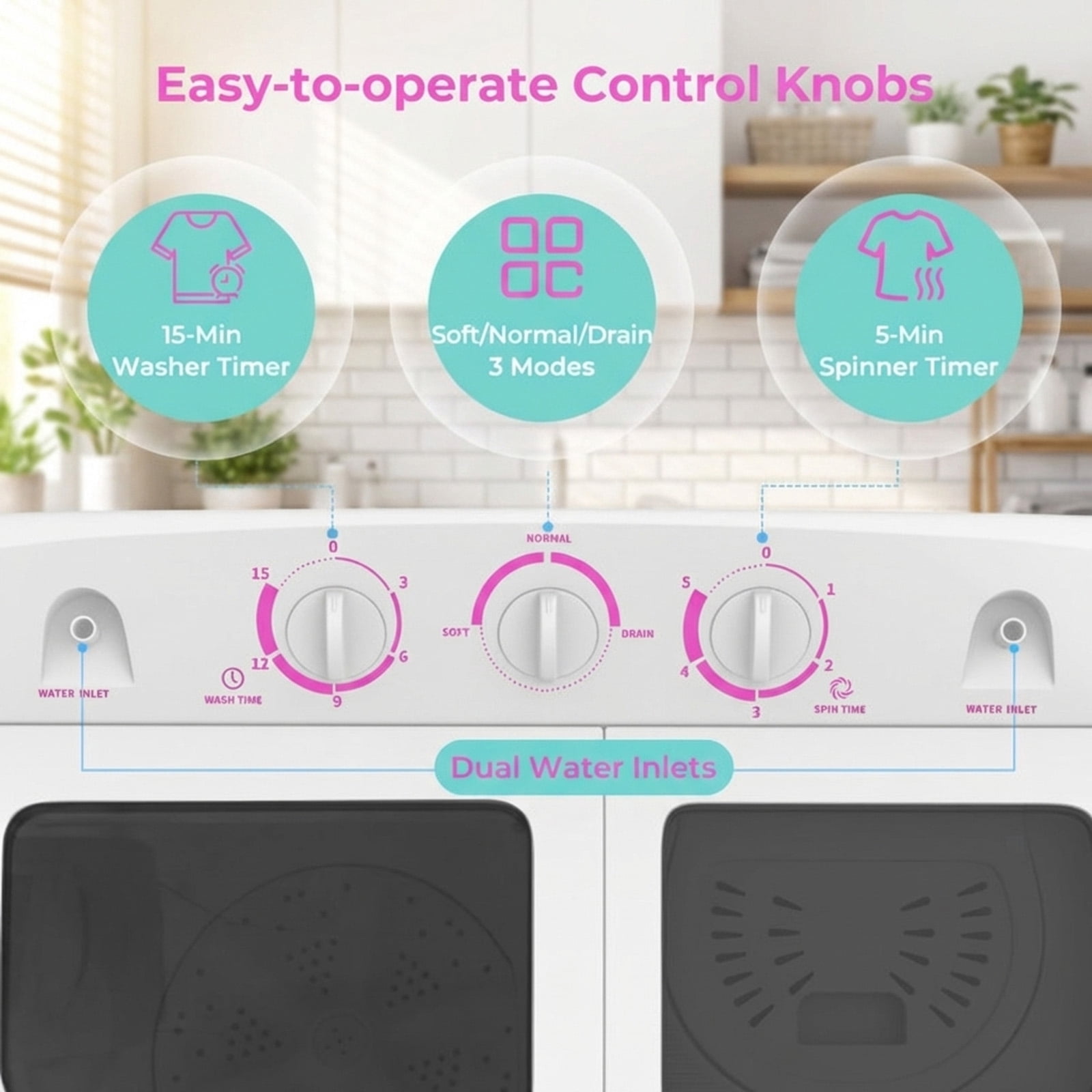 RUIE Portable Washing Machine,20 Lbs Twin Tub Washer with Gravity Drain and Dual Motors,12 Lbs Wash and 8 Lbs Spin,3 Modes,Compact Washer for Apartment Dorm RV