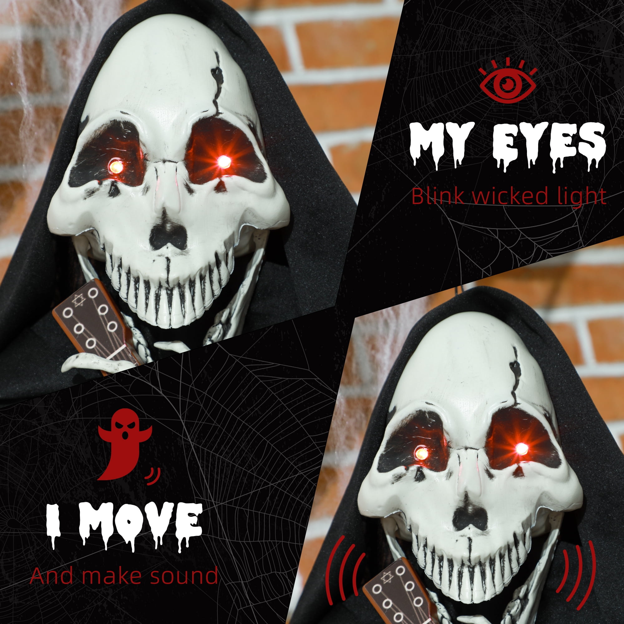 4.3' Outdoor Halloween Decoration Animatronic Guitar-playing Grim Reaper, Sound and Motion Activated Animated Prop with Light Up Eyes & Guitar Music