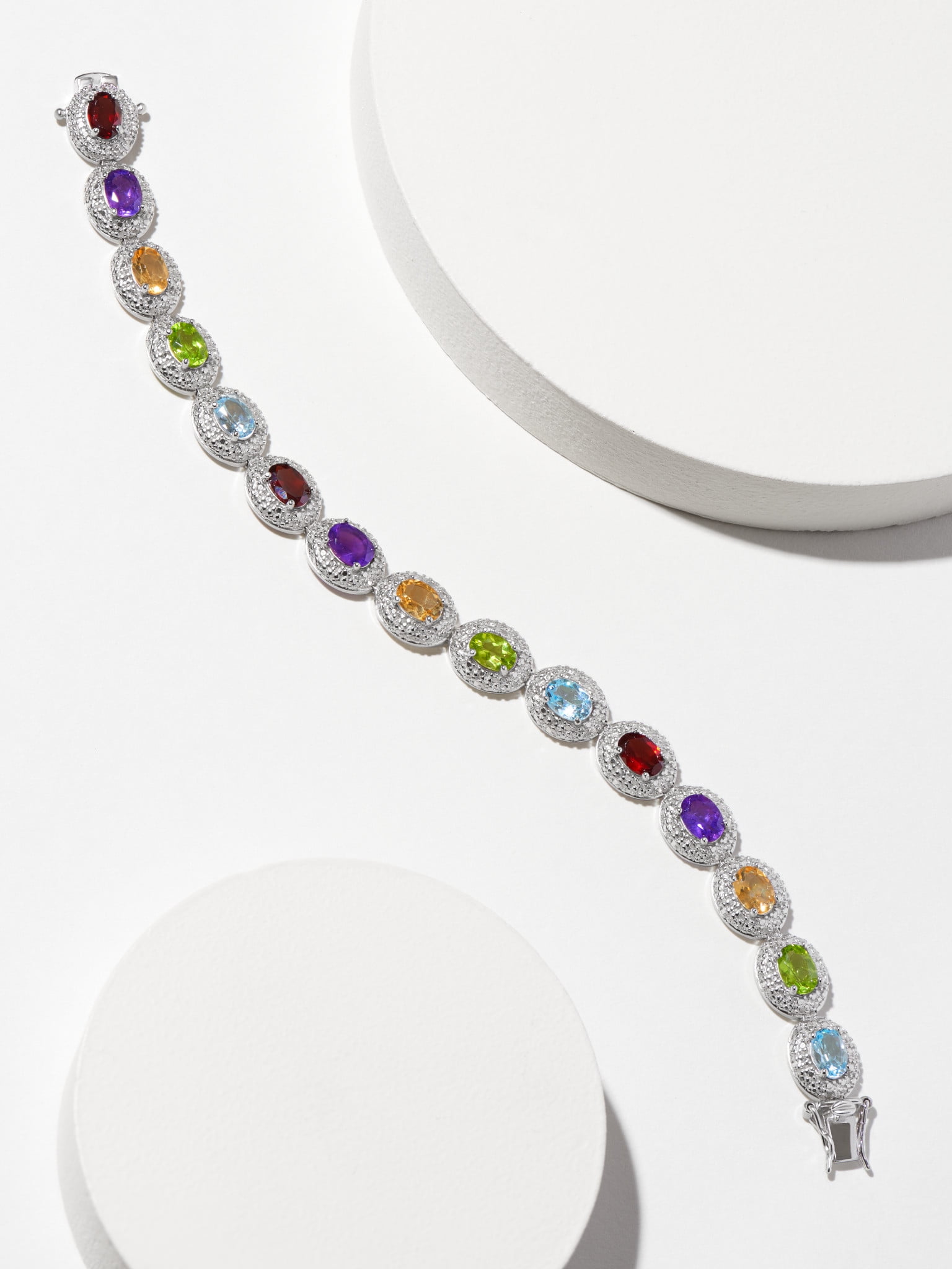 Platinum Plated Sterling Silver Genuine Semi-precoius Multi Gemstone and Diamond Accent Tennis Bracelet,7.25"
