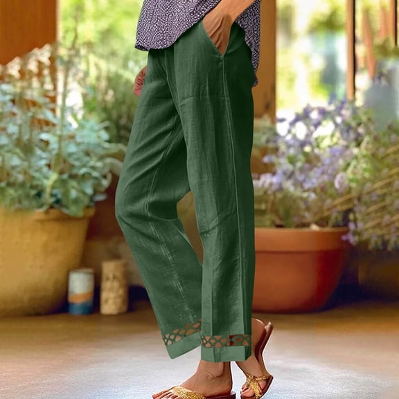 Ayolanni Soft Pants for Women Solid High Waist Lightweight Straight Leg Pants Casual Flowy Loose Green Trousers with Pockets L