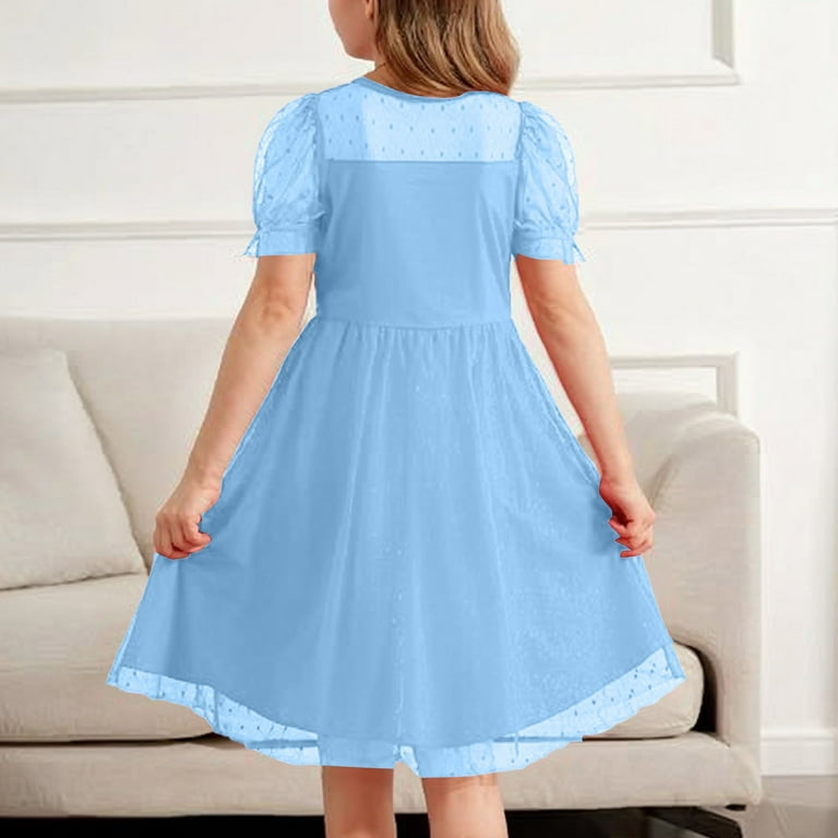 Inglocry Girls Dress Contrast Mesh Puffy Short Sleeve A Line Solid Color  Casual Party Dress 3-12 Years Light Blue 5-6Y - Walmart.com