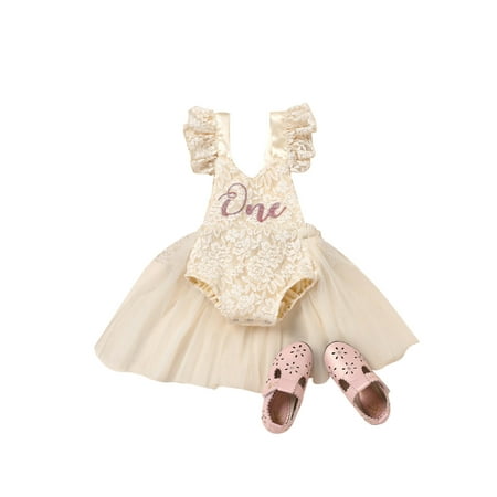 

Imcute Baby Girl 1st Birthday Outfit Lace Tulle Romper Princess Tutu Dress First Birthday Photography Clothes Beige 9-12 Months