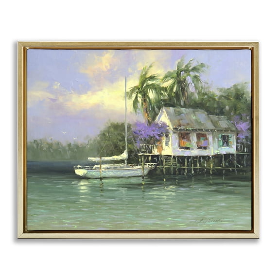 Stupell Industries Tropical Summer Ocean Pier Palm Trees Gold Floating Frame Canvas Art, 31 x 25, by Martin Figlinski