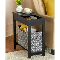 Narrow Wood Side Table with Flip-Top and Fabric Storage Bin