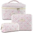 thumbnail image 1 of Quilted Makeup Bag, Cute Floral Cotton Cosmetic Bag set, Coquette Bow Makeup Pouch Large Travel Toiletry Bag, 1 of 5