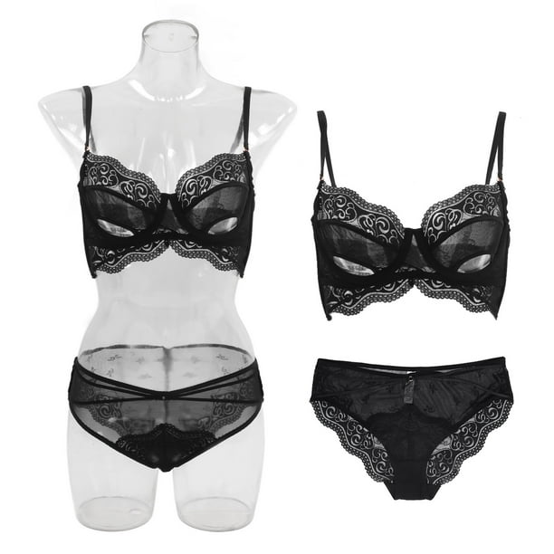 Women Lace Lingerie Set Lady Fashionable Soft Breathable Bra Panty Set for  Home Bedroom Lingerie Party Black 75C 