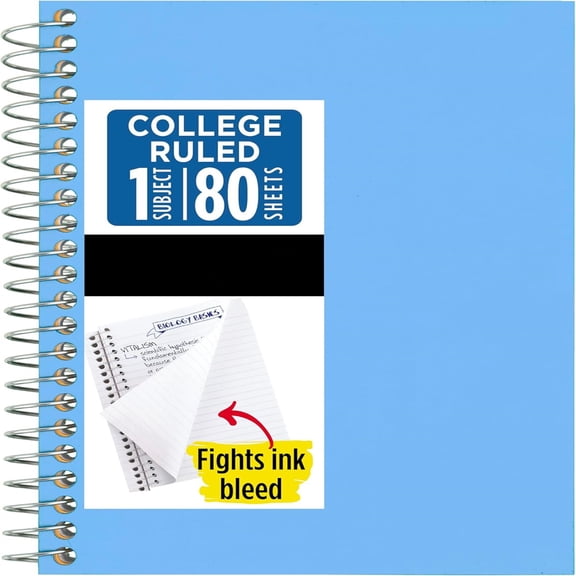 Spiral Notebook, 1 Subject, College Ruled Paper, 4-3/8" x 7", Personal Size, 80 Sheets, Blue (Color May Vary)