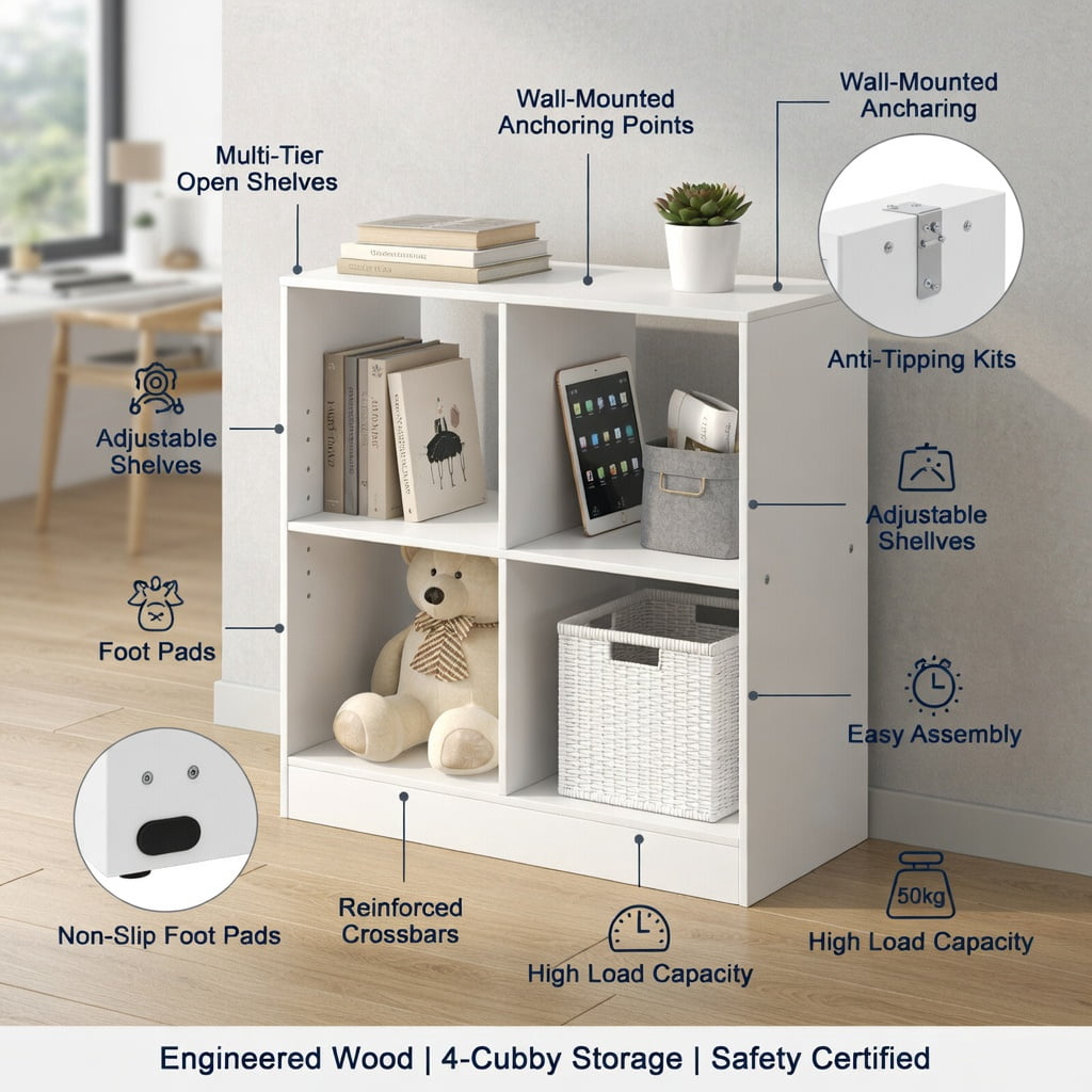 Spaco 4-Cube Kids Bookcase with Open Shelves-White, Toy Organizer for Kids, Boys, Girls, Nursery