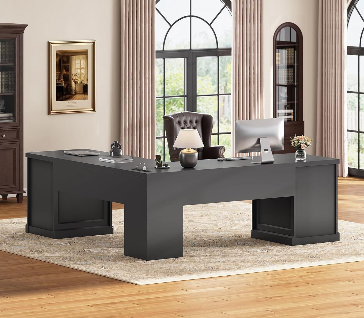 SEDETA Large L Shaped Desk with 4 Wood Drawers, 67"x 67" Executive Desk with File Drawers & Storage Cabinet, Farmhouse Corner Computer Desk with Power Strip for Home Office, Black