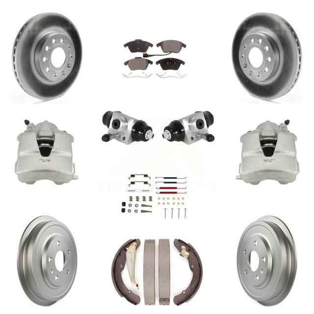 Transit Auto Front Rear Disc Brake Caliper Coated Rotors Drums Ceramic Pads Shoes Wheel Cylinders and Hardware Kit (11Pc) for Car Volkswagen Jetta with 288mm Diameter Rotor KCG-100363T