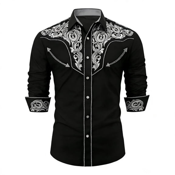 BUWTTER Mens Button Down Shirt Western Cowboy Long Sleeve Embroidered Slim Fit Casual with Pockets Black1 Shirt L