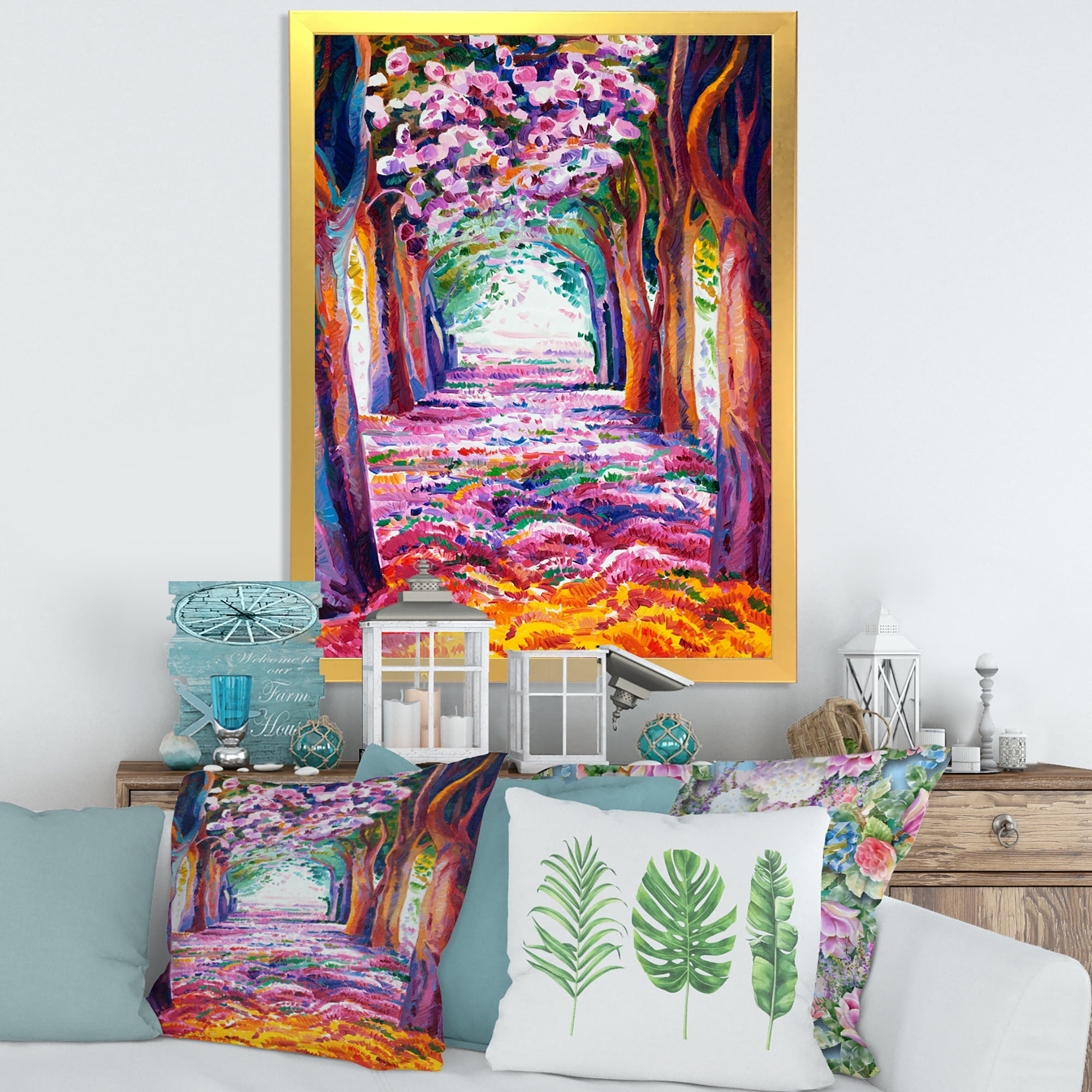 Pink Flowering Colorful Spring Forest 16 in x 32 in Framed Painting Canvas Art Print, by Designart