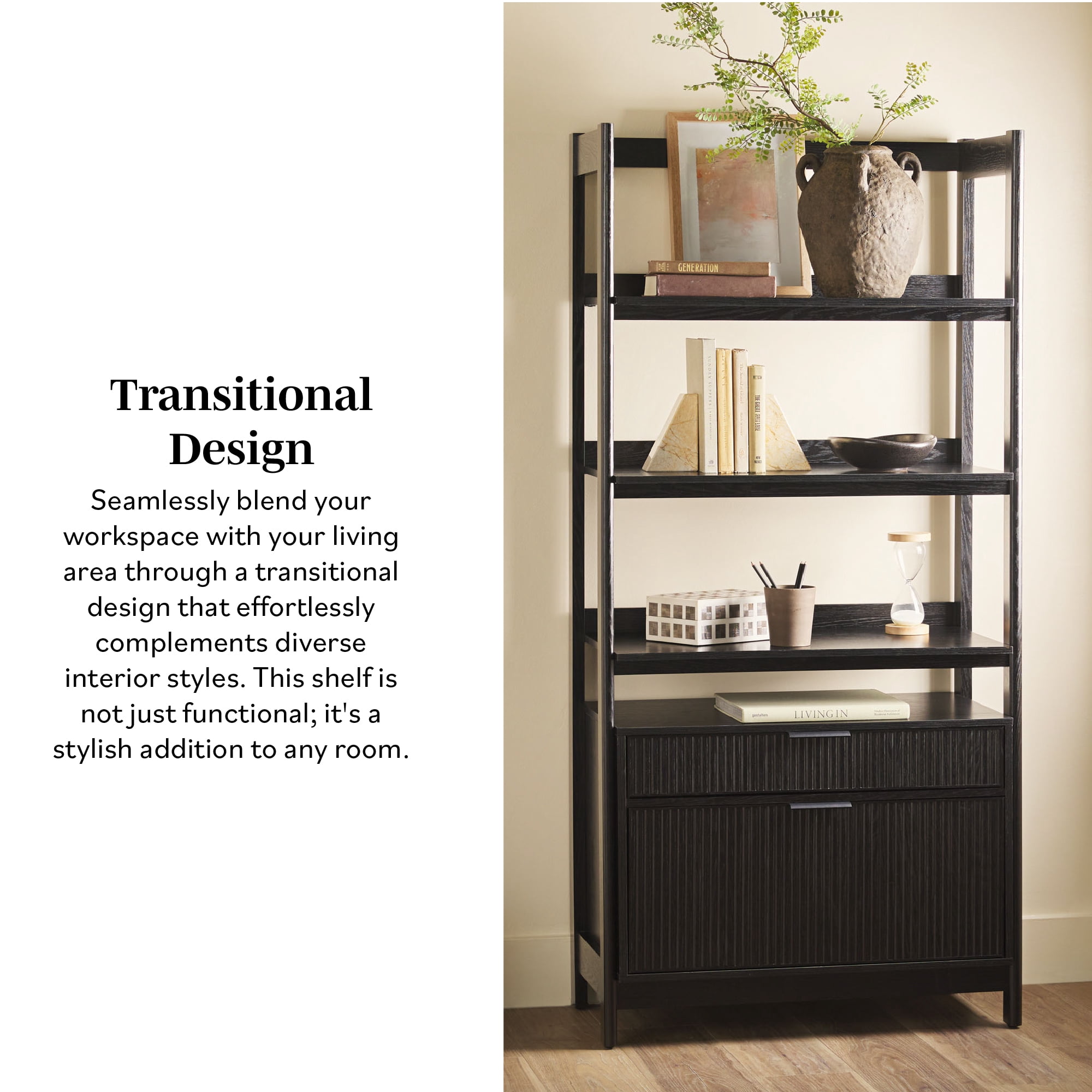 Holmes Hutch Desk with Narrow and Wide Bookcase - Black