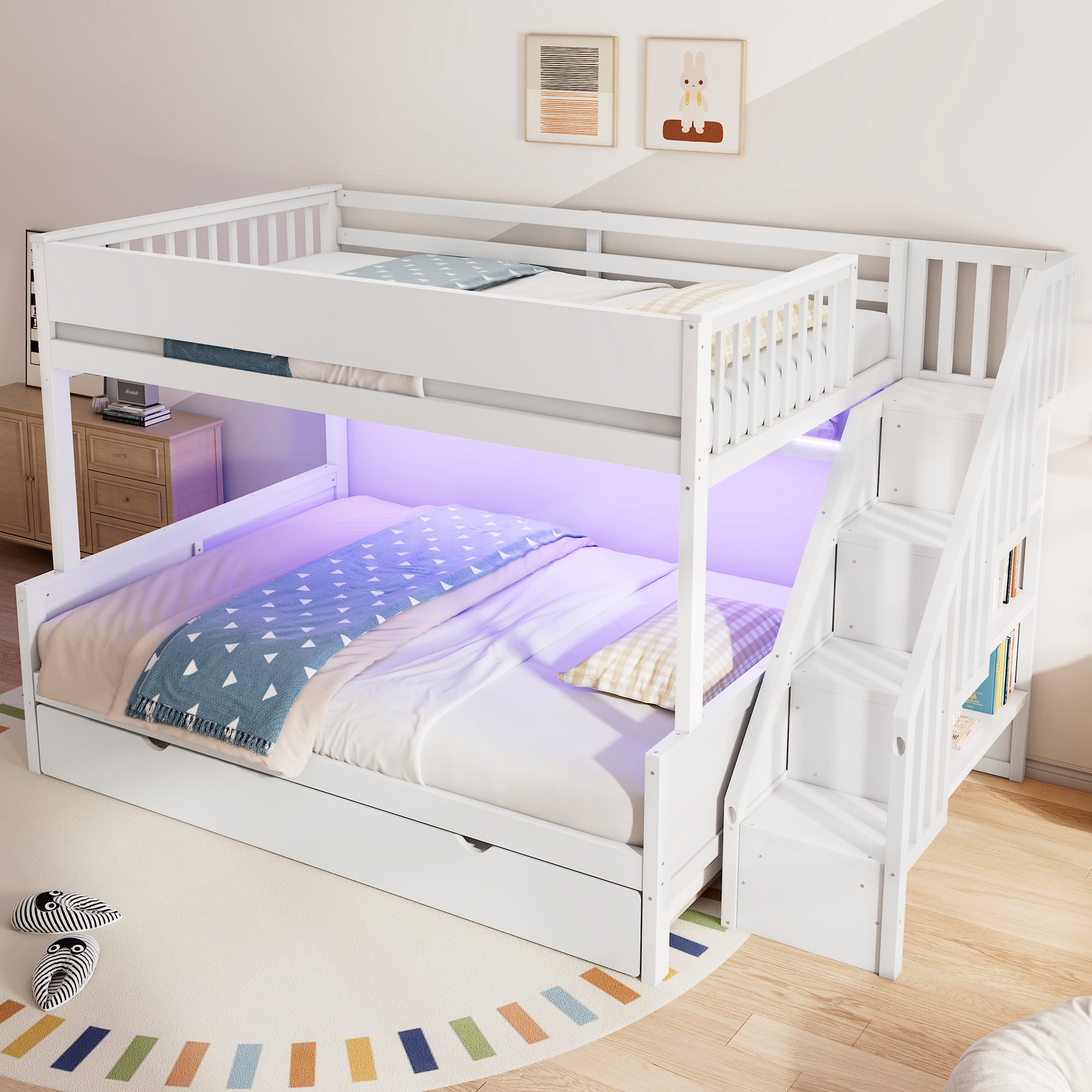 Euroco Full XL over Queen Bunk Bed with Storage Staircase and Shelves, Wood Bed with Trundle and LED Light, White