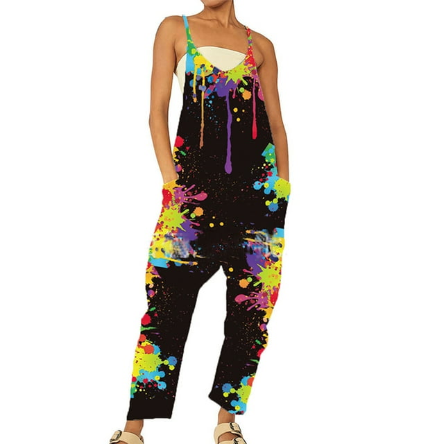 Fashnice Combinaisons pour Femmes Imprimé Floral Combinaison à Carreaux Pantalon Long Boho Été Combinaison Noire TP