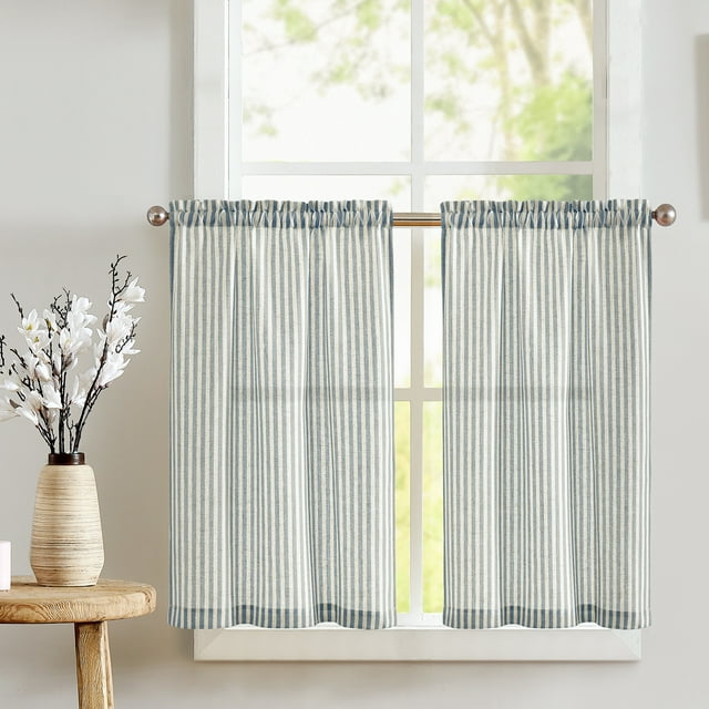 Curtainking Rayé Cuisine Rideau Lin Café Rideaux Semi-Transparent Rustique Ferme Niveau Rideaux 24 Pouces Tige Poche 2 Panneaux Bleu