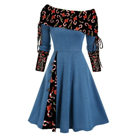 

Womens Long Sleeve Fall Dress Off Shoulder Fold Down Drawstring Midi Dresses Winter Christmas Festival Party Gowns
