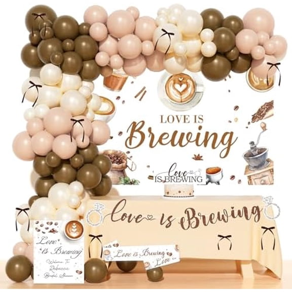 Love Is Brewing Bridal Shower Decorations – 83 PCs Tini Bit Older Party Supplies with Balloon Garland Arch, Cake Topper, Banner, Backdrop, Brown Ribbon Sash, Poster$$Home Decor, Kitchen, & Other