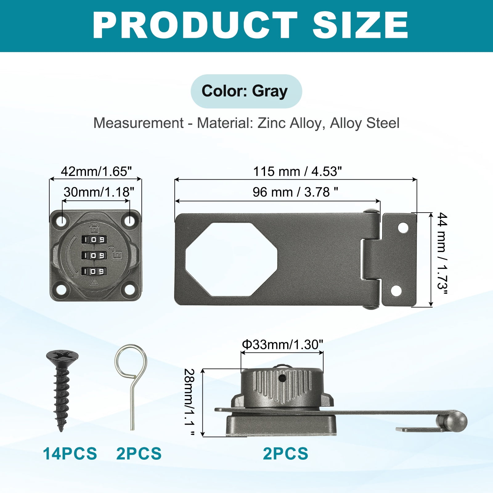 Uxcell Password Rotary Hasp Lock (4", Gray) (2 Pcs), Keyless 3-Digit Cabinet Locks with Combination Security Slide Latch, Suit For- Door/Closet/Barn/Bathroom/Outdoor/Garden