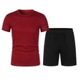 thumbnail image 3 of Jinhomg Mens Summer Athletic Wear 2 Piece Big and Tall Tracksuit Lightweight Breathable Short Sleeve Crew Neck Tees with Elastic Drawstring Waist Shorts Wine XXL, 3 of 7