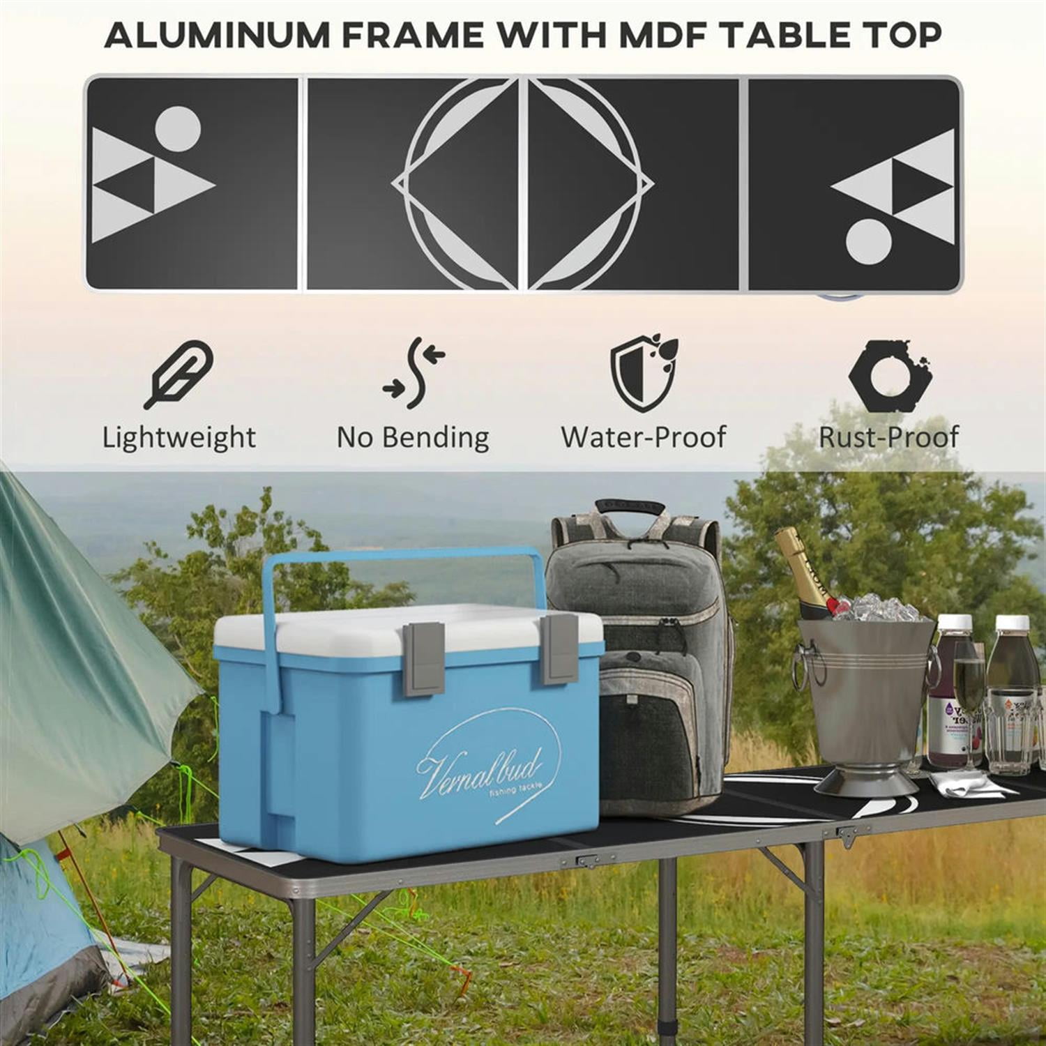 Demi Bonn Outdoor Aluminum Folding Table with Adjustable Legs, 8ft Picnic Table for BBQ, Beach, Hiking, Blue