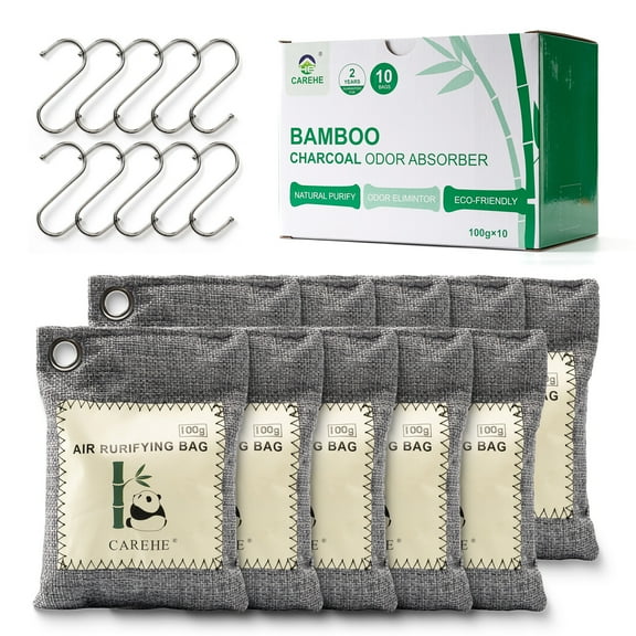Bamboo Charcoal Air Purifying Bags (100g, 10 Pack) - Natural Odor Absorber for Home, Car, Closet & Shoe