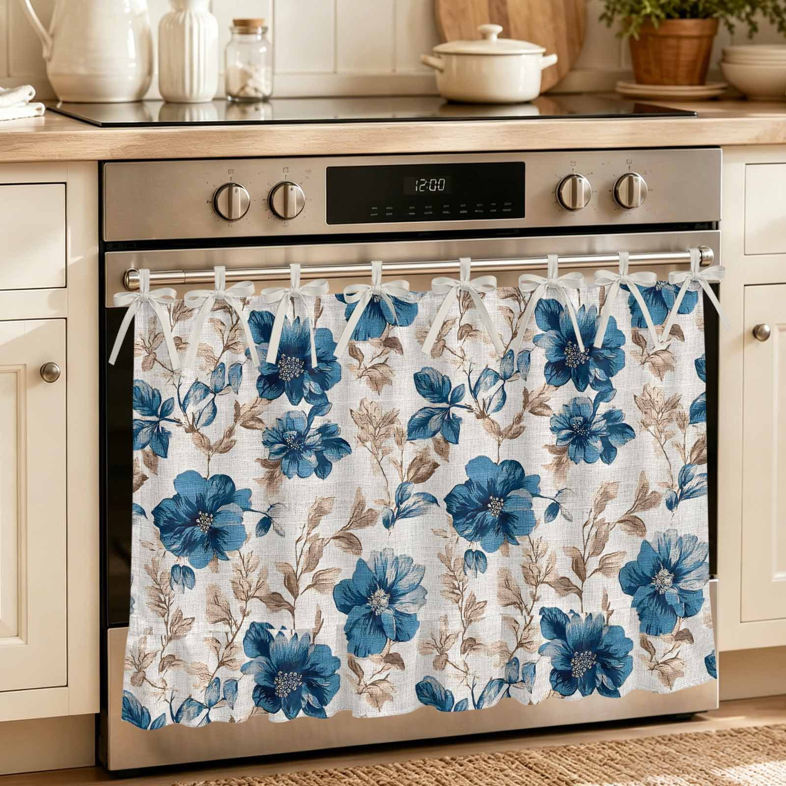 Oven Skirt Curtain for Kitchen 20x27 Inch Indigo Florals Oven Curtain with 8 Ribbon Ties & Ruffle Trim Stove Skirt Curtain Dishwasher for Cabinets Sinks Farm Botanical Peonies Vintage Brown Leaves