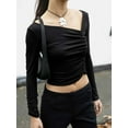 thumbnail image 2 of Liacowi Women Crop Basic Tops Solid Color Asymmetrical Ruched Long Sleeve Shirt Casual Pullovers for Club Streetwear, 2 of 7