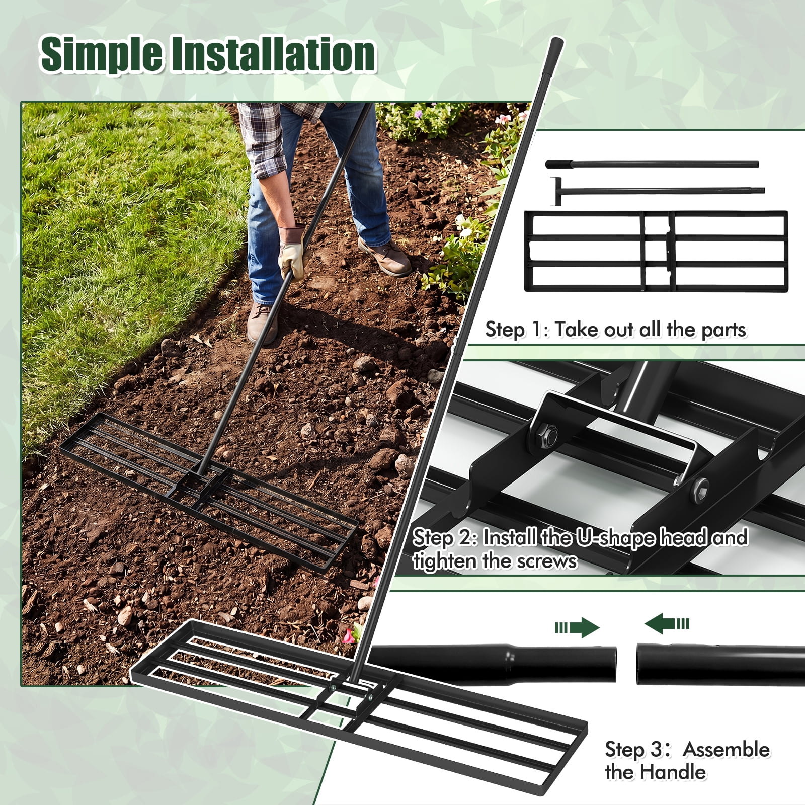 Costway Lawn Leveling Rake 42" x 10" Heavy Duty Level Lawn Tool for Garden Backyard/Lawn Black