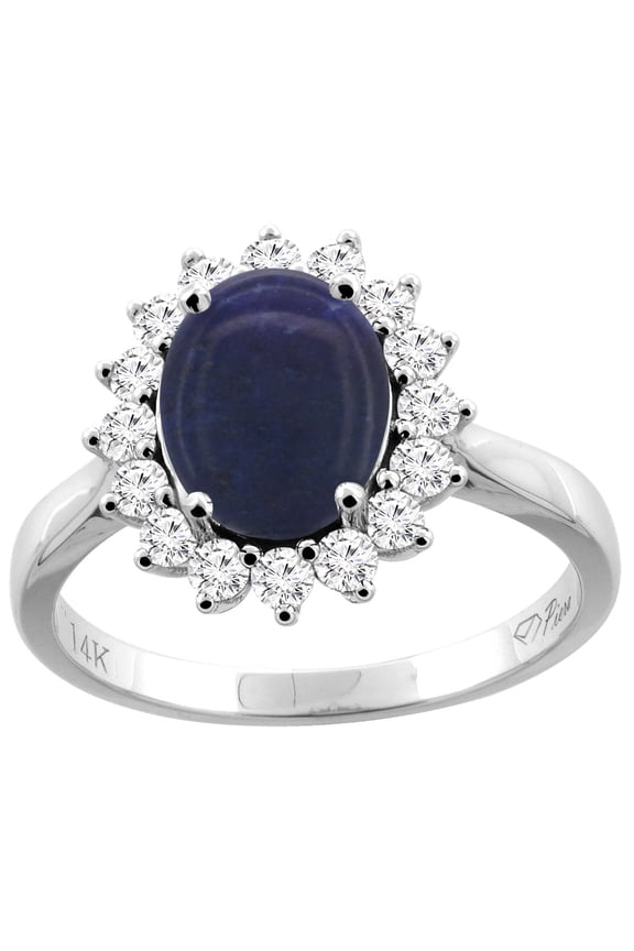 14K White Gold Natural Lapis Ring Oval 9x7 mm Diamond Accents, size 7