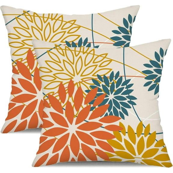 Orange and Yellow Floral Pillow Covers 18x18 Set of 2 Fall Outdoor Waterproof Decorative Throw Pillows Summer Pillowcovers Polyester Cushion Case Decor for Couch Patio Funiture Garden Porch 01Q18