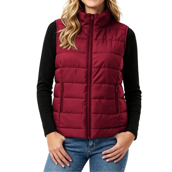 Sevevn Women's Quilted Puffer Sleeveless Vest Stand Collar Zip‑Up Lightweight Padded Gilet with Zipper Pockets Fall Winter Outerwear Wine L