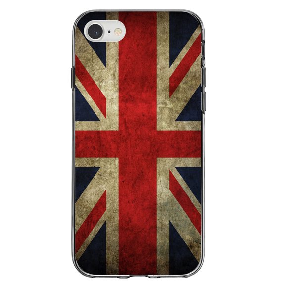 DistinctInk Clear Shockproof Hybrid Case for iPhone 7 8 SE (2020 Model) 4.7" Screen TPU Bumper Acrylic Back Tempered Glass Screen Protector - Red White Blue British Flag Old - Show Your Love of the UK