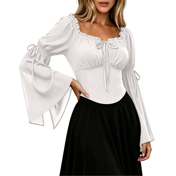Xijirk Women's Renaissance Cosplay Corset Top Off Shoulder Front Tie Bell Flare Sleeve Cropped Bodice Blouse for Halloween Party Role Play,White,S