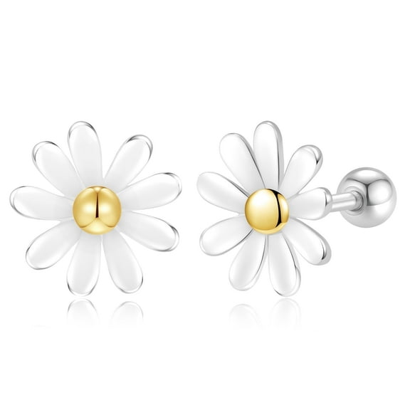 RYSKYJEWELRY White Daisy Flower Stud Earrings with Screw Back, Solid S925, All Ages