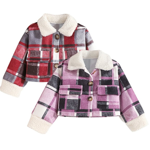 Esaierr Kids Toddler Winter Fleece Cotton Coat for Boys Girls,lapel Button Plaid Fleece Jacket Baby Thicken Warm Cotton Outerwear Kid Autumn Winter Fleece Cotton Jacket for 1-7Y