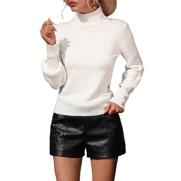 Suéteres de Cuello Alto para Mujer, Suéteres de Punto con Mangas Abullonadas para Otoño e Invierno L