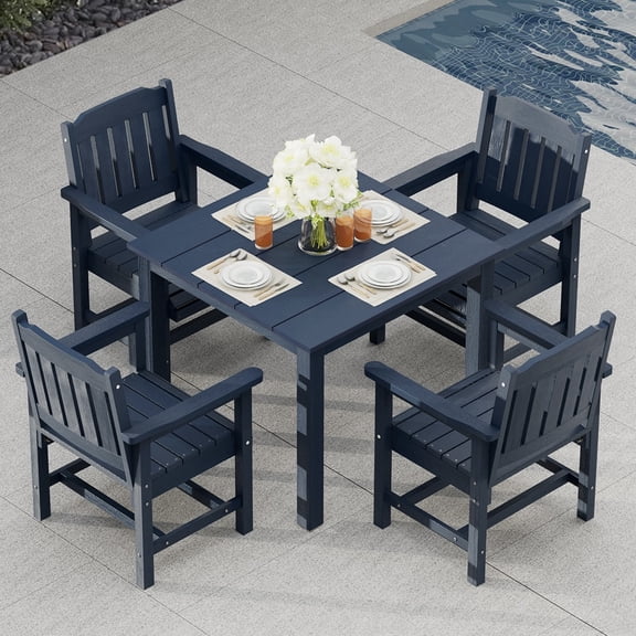 Mosbrisa Poly Lumber Patio Dining Set, HIPS Outdoor 36.2-Inches Dining Table and Slat Back Chairs, with Umbrella Hole, Weather Resistant, 5 Pieces, Navy Blue