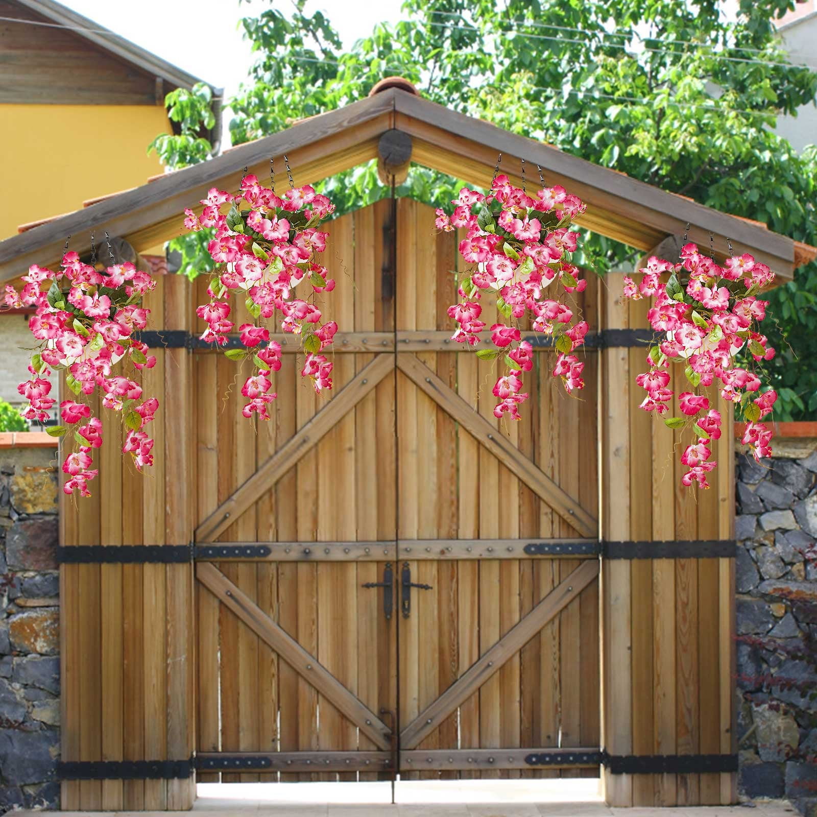 3pcs Artificial Fake Hanging Hibiscus Flowers Plants Baskets for Outdoor Outside Spring Summer Decoration, Faux Silk Hibiscus Long Vines in Planter UV Resistant Realistic Flowers