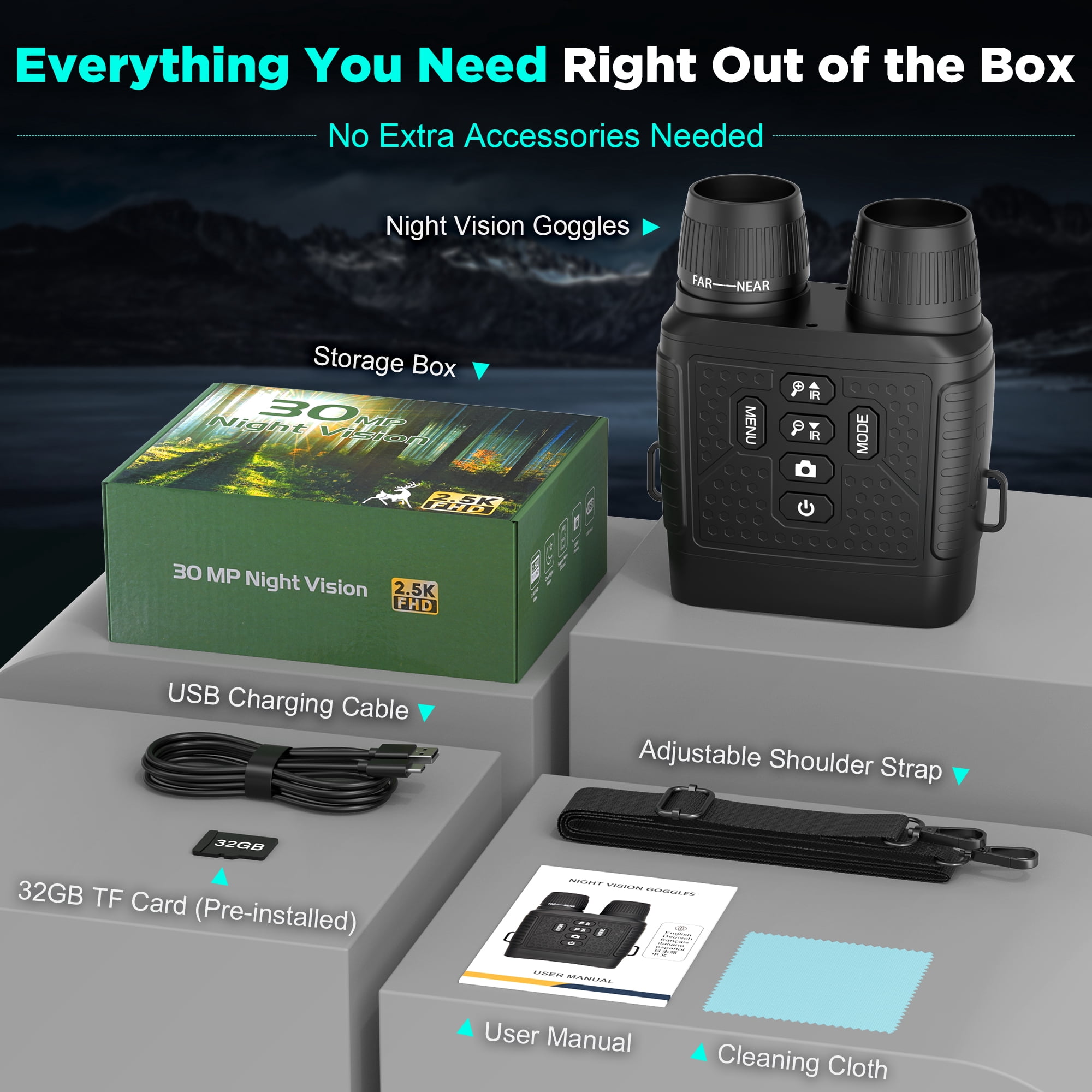 QUNSE Night Vision Goggles for Adults, 30MP 2.5K Night Vision Binoculars with 656FT Range, 7-Level IR, 6X Zoom, 3" HD Screen, Rechargeable for Hunting, Camping & Security